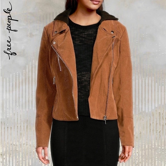 FREE PEOPLE NWT Harriett Moto-Style Brown Vegan Suede, Black Hood Jacket/Md - Picture 7 of 16